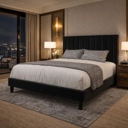 Queen Bed Frame, Velvet Upholstered Platform Bed with Vertical Channel Tufted Headboard, Mattress Foundation with Strong Wooden Slats, Box Spring Opti