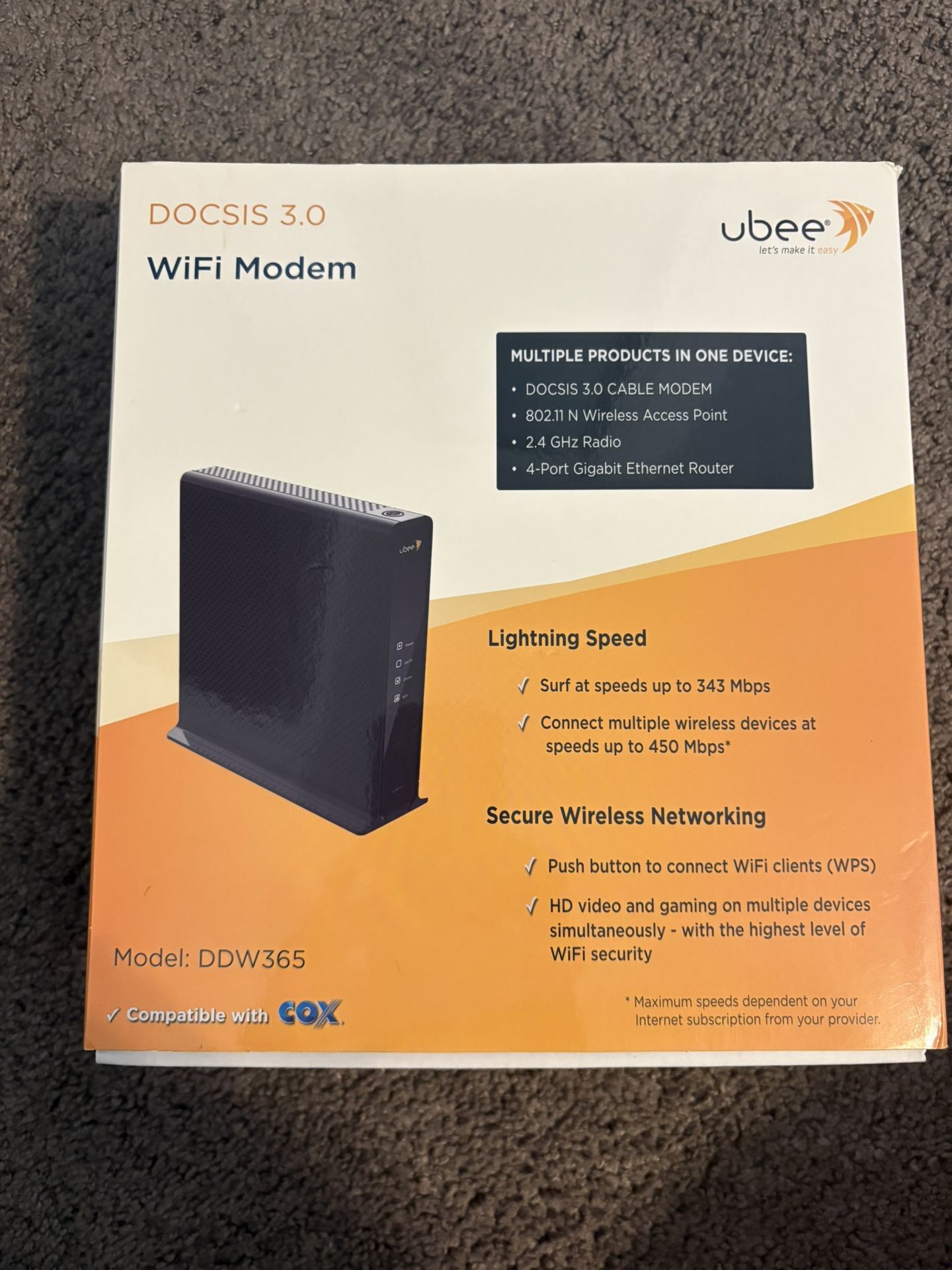 Ubee WiFi Modem DOCSIS 3.0 Model DDW365 - Like New