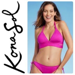 NEW! Kona Sol Women's Faux Wrap Bikini top & side tie bottoms in fuchsia