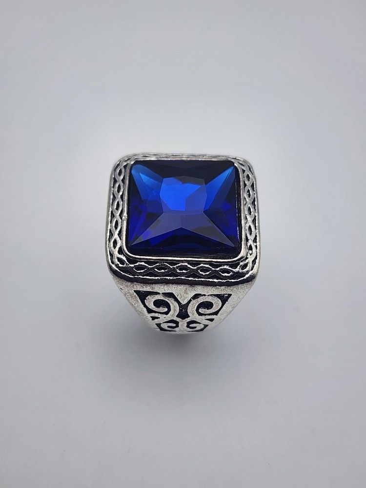 Size 9 Fashion Antique 925 Silver Plated Vintage Ring For Men and Women Stone Royal Blue 