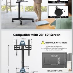 Mobile TV Stand with Tilt, Rolling TV Stand on Wheels for 23–60 Inch LED LCD TVs, Portable TV Cart with Adjustable Media Shelf for Living Room, Bedroo