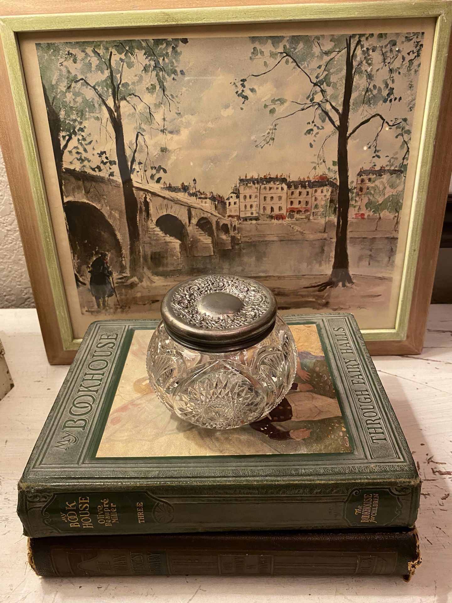 Antique Glass Dresser Jar with Silver plated Lid