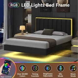Floating Bed Frame Queen, Queen Upholstered Bed Frame with Headboard, RGB LED Ligths, Solid Wood Slats Support, No Box Spring Needed, Noise-Free, Easy