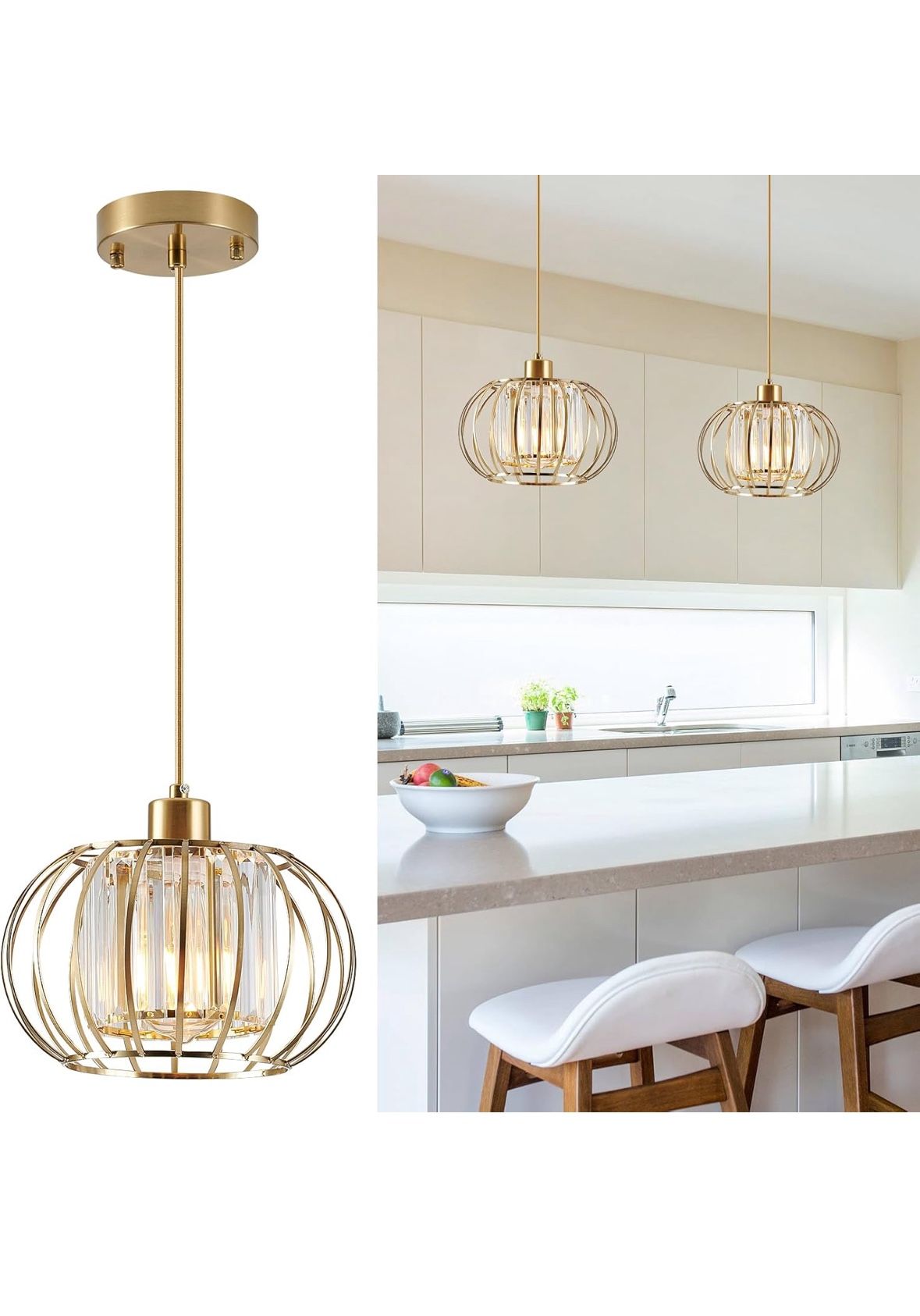 XSDeTu Gold Crystal Pendant Light Kitchen Island Light Adjustable 59 inch Cord