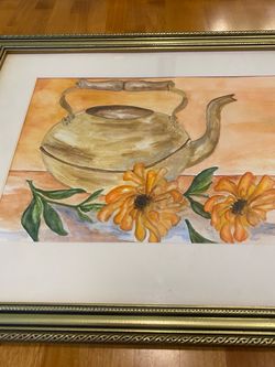 Framed watercolor print still life of vintage teapot & vibrant orange flowers. Cottage/ farmhouse.