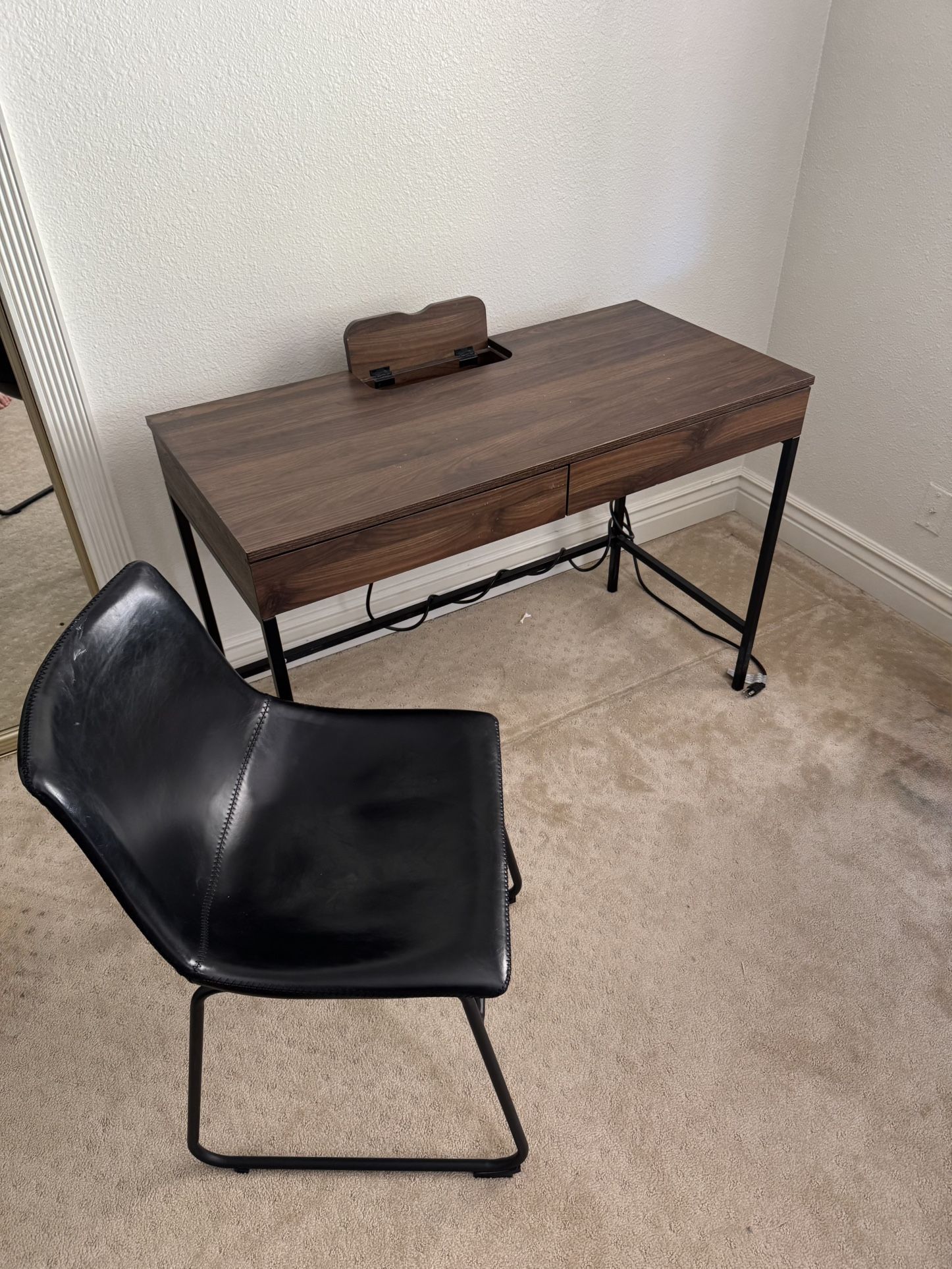 Office Desk + Black Leather Chair