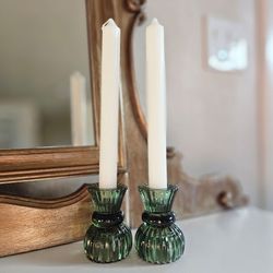 Green Glass Taper Candle Holders Set of 2