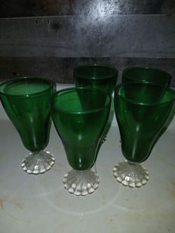 Five vintage depression green Anchor Hocking glasses