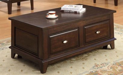 Brand new 48"L x 26"W brown lift top coffee table + casters, end table is extra