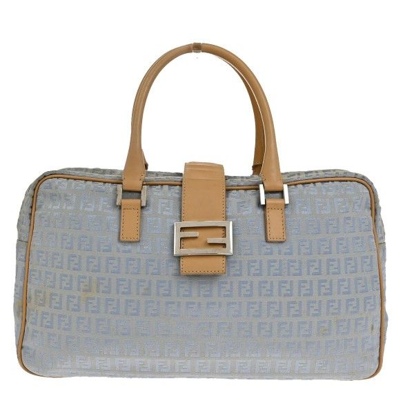 FENDI Logo Zucchino Zucca Pattern Hand Bag Canvas Leather Blue Italy