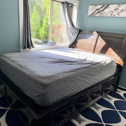 Wooden Sleigh Bed Frame With Storage And Queen Mattress