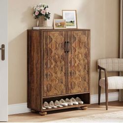 LD0021 43 in. H x 31 in. W Brown Engineered Wood Shoe Storage Cabinet with Doors, Entryway Shoe Cabinet with Adjustable Shelves