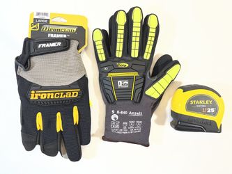 Stanley 25 ft. LeverLock Tape Measure Fractional Scale Magnetic Tip & Ironclad Framer Work Gloves & Ansell Ringers R-840 light-duty Work Gloves