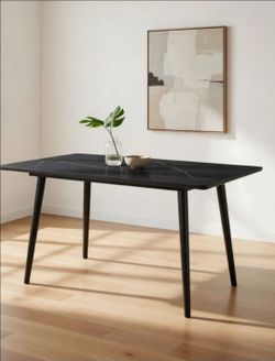 63" Modern Sintered Stone Dining Table,Solid Black Carbon Steel Base - Black