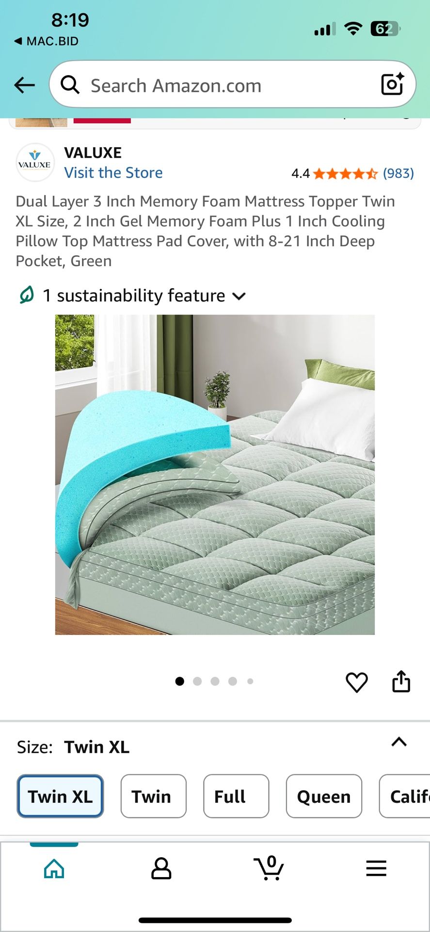 Valuxe 3inch Dual Layer Memory Foam Mattress Topper Twin XL