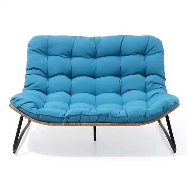 Pattened Metal Double Papasan Outdoor Loveseat with Blue Cushion