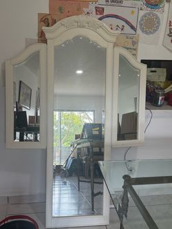 White Tri-Fold Full Length Floor Mirror with Two side night stands
