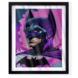 Custom art piece of Batman with purple colors on black frame
