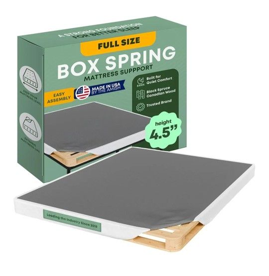 BRAND NEW
Greaton Full Bed Wood Box Spring – Amish Made in USA – Quiet Noise-Free (Gray), 4.5" Foundation