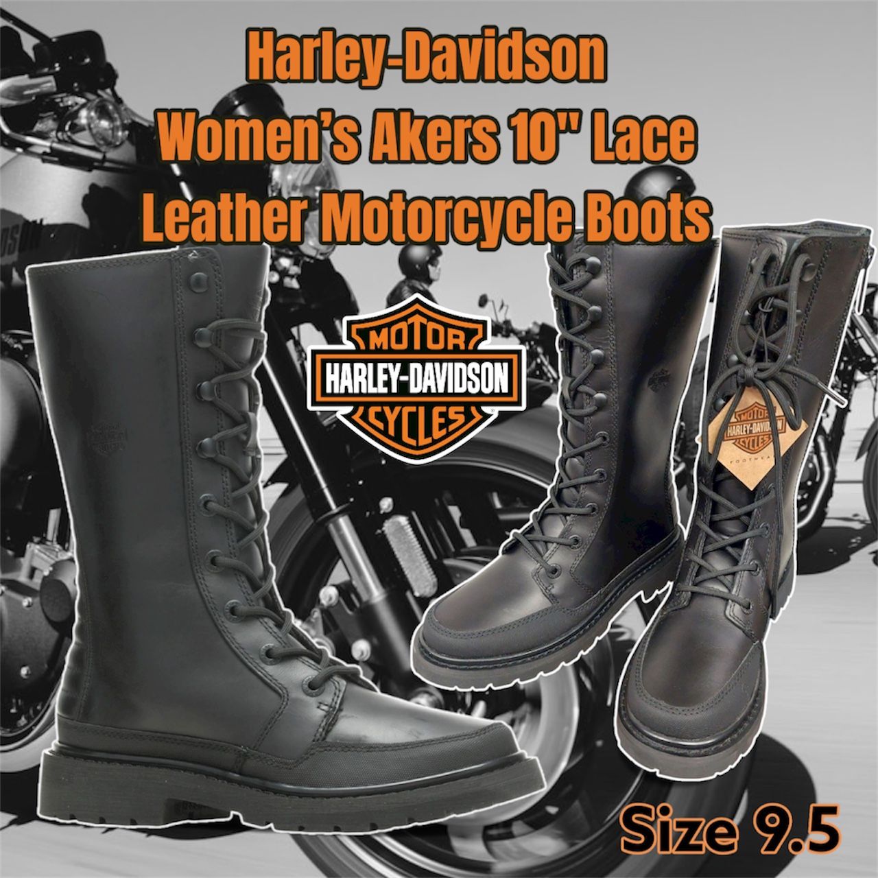 Harley-Davidson Women’s Akers 10" Lace Black Leather Motorcycle Boots, Size 9.5 Harley-Davidson® Women’s Riding Akers 10-Inch Black Motorcycle Boots,