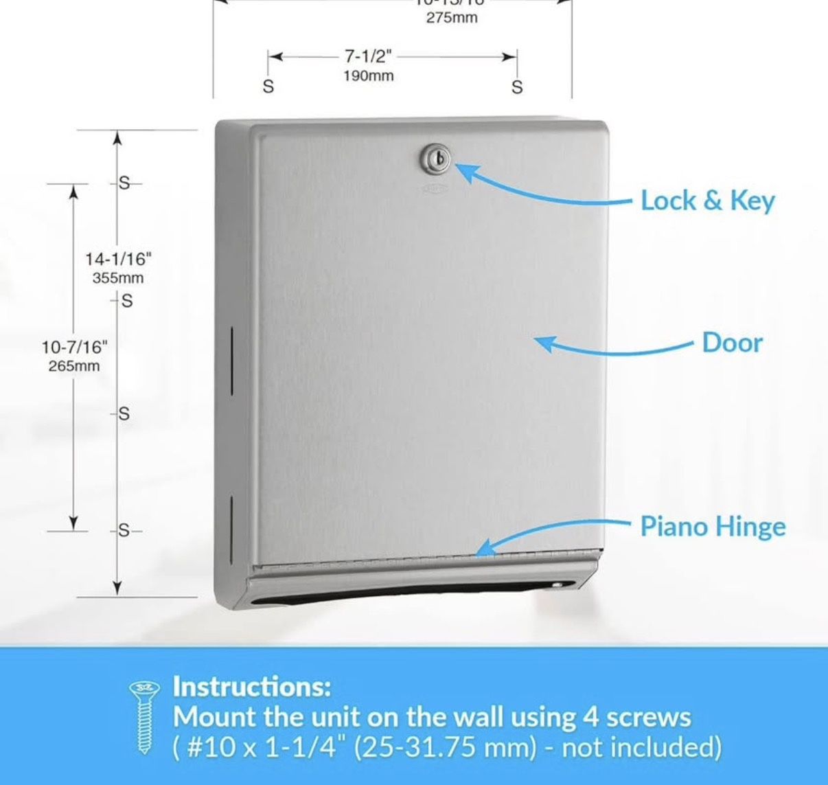 Bobrick B-262 Commercial Paper Towel Dispenser, Surface-Mounted, Stainless Steel