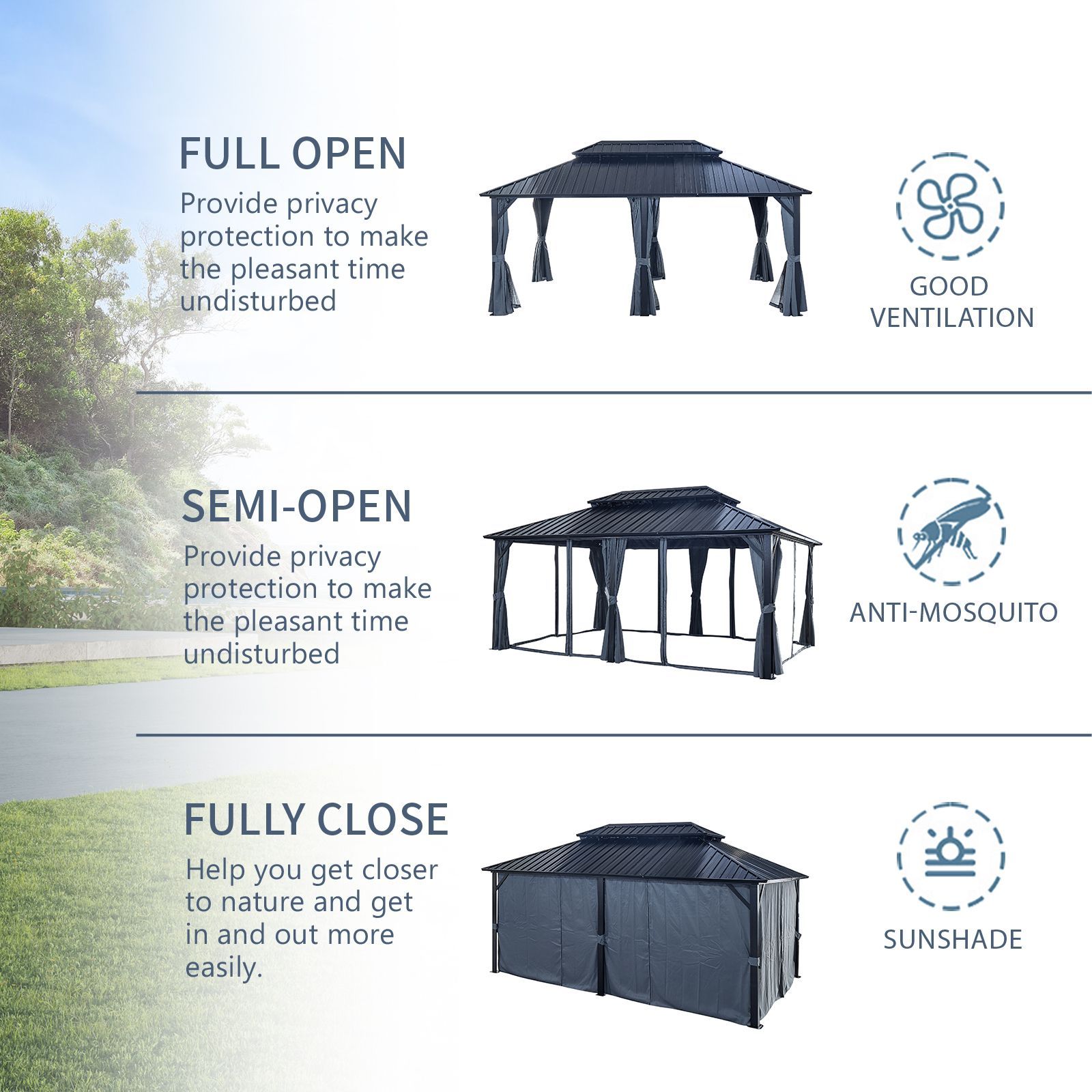 12x18ft Hardtop Gazebo with Nettings and Curtains, Heavy Duty Double Roof Galvanized Steel Outdoor Combined of Vertical Stripes Roof for Patio, Backya,All Products : American Fashion Style Bags On Sale