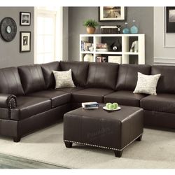 Brown Faux Leather Sectional Sofa - Ottoman Sold Separate 