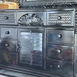 Beautiful Black King Size Dresser Set Includes Dresser, Mirror, Omar, And Oversize Nightstand Delivery