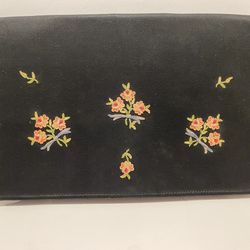 Vintage Black Satin Floral Embroidered Clutch Michel Swiss Hand Made in Paris 7.75” wide by 5” high