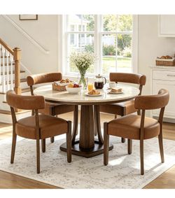 Modern Dining Chairs Set of 4, Faux Leather Upholstered Kitchen & Dining Room Chairs, Mid Century Modern Wooden Dining Chairs Oversized Sturdy Rounded