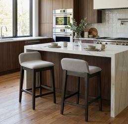 Set of 4 Modern Upholstered Counter Stools – Grey Fabric & Dark Wood – Like New
