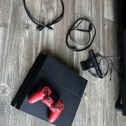 PS4 With Red PS4 Controller And PS4 Camera 