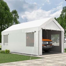 10 X 20Ft Heavy Duty Carport, Portable Garage With Sidewalls, All Weather For Car, Storage & Tool Room, White