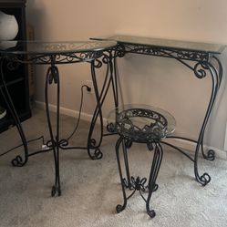 Set Of 3 Vintage Wrought Iron Glass Top Accent Tables