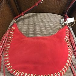 Michael Kors Red Suede Gold Leather Tassels Crossbody Bag. New w/tags. Includes original MK Dust Cover.
