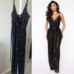 Fashion Nova Black Sequin Jumpsuit – Sparkly & Stunning (Size:XL)