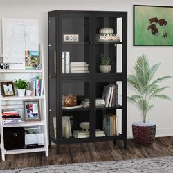 Metal Storage Cabinet Glass Display Cabinet with 4 Doors and 2 Adjustable Shelves