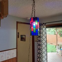 1970s Feders Felipe Delfinger Stainglass Iron Pendant Lamp