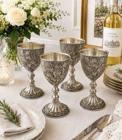 Vintage Silverplate Grape Vine Embossed Goblet Chalice Ornate Gold Wash