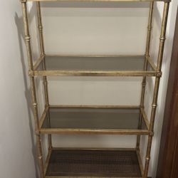  Vintage Italian Hollywood Regency Gilt Metal Faux Bamboo Étagère With Smoky Glass & Rattan Shelves