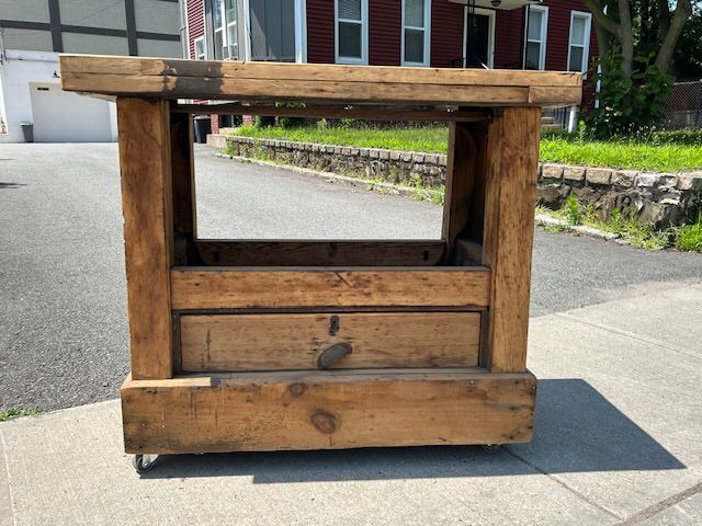 Reclaimed wood bar cart/ island on Caster Wheels Vintage Store Counter