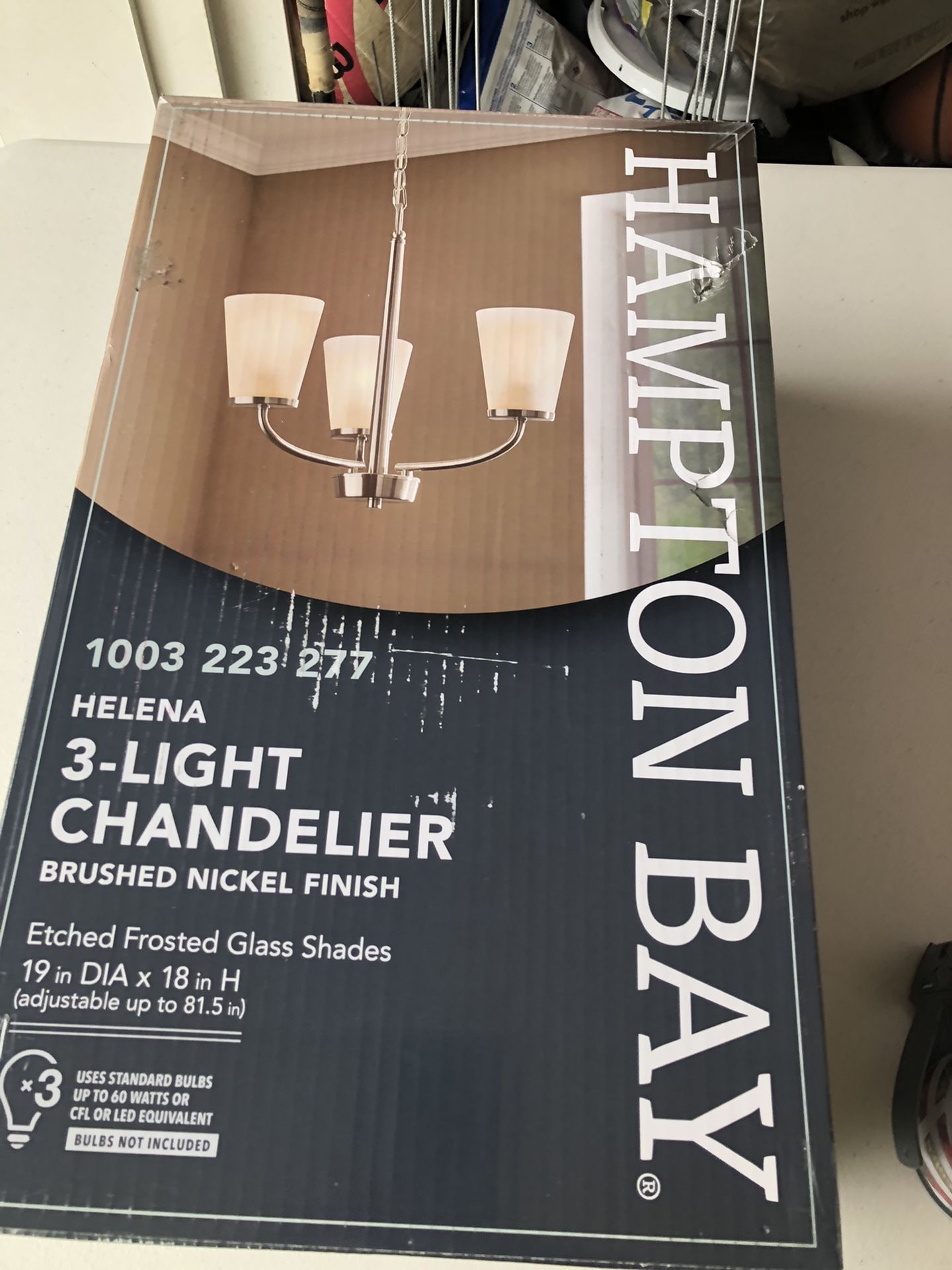 Brand New In Box Hampton Bay3-Light Brushed Nickel Chandelier