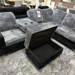 BLACK/GRAY SOFT CORDUROY SECTIONAL WITH OTTOMAN COUCH SET  
