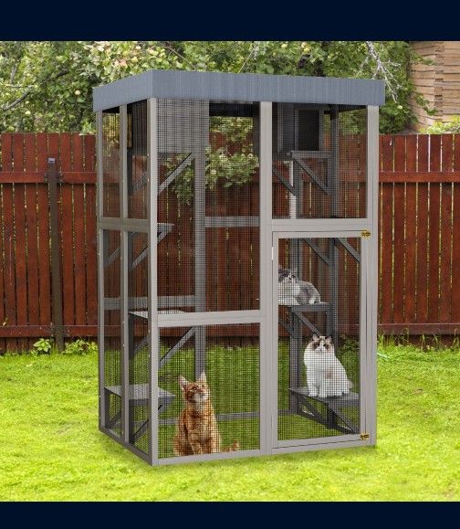 70.5" Tall Wooden Catio Outdoor Cat Enclosure, Gray Cat House Large Solid Wood Cage Playpen with 6 Jumping Platforms & 2 Napping Houses, Movable tarp