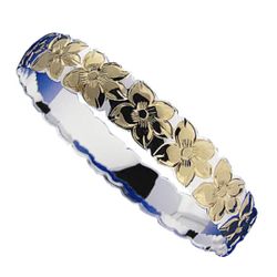 Sterling Silver Two-Tone Yellow Gold Plated Plumeria Cut Out Edge Bangle