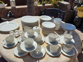 White Porcelain Dinnerware Set with gold Trim