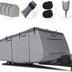 RVMasking 6 Layers Top RV Cover Travel Trailer Cover Windproof Camper Cover Up to 28'7" - 31'6" RV with 4 Tire Covers, Tongue Jack Cover, 2 Extra Stra