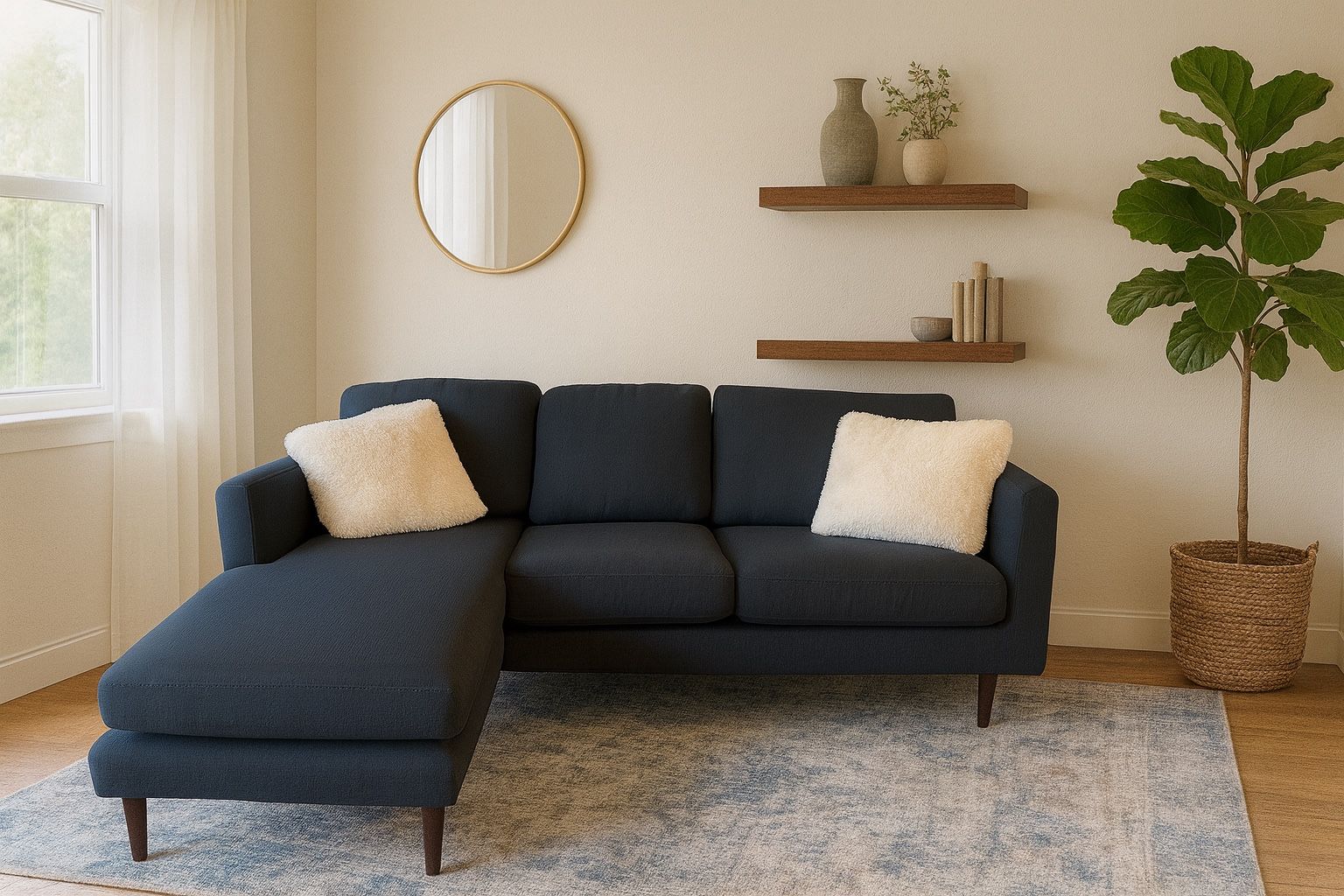 Modern Navy Blue Sectional Sofa Couch with Chaise Lounge – Mid Century Style, Removable Cushions