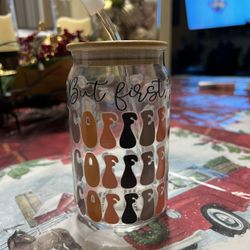 But First Coffee 17oz Glass Cup With Lid And Straw