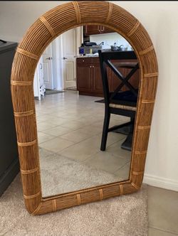 Boho Vintage Organic Mid- Century Modern Rattan Wicker Arched Mirror